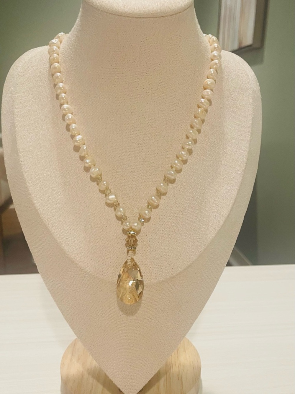 Elegant Ivory Pearl Necklace with Golden Crystal Pendant